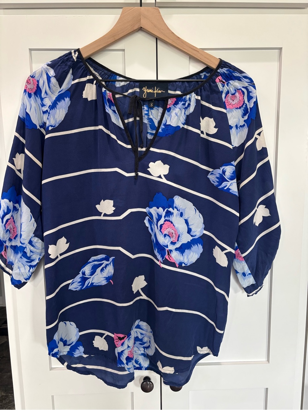 Yumi Kim Navy Silk Floral Stripe Peasant Blouse - Blue